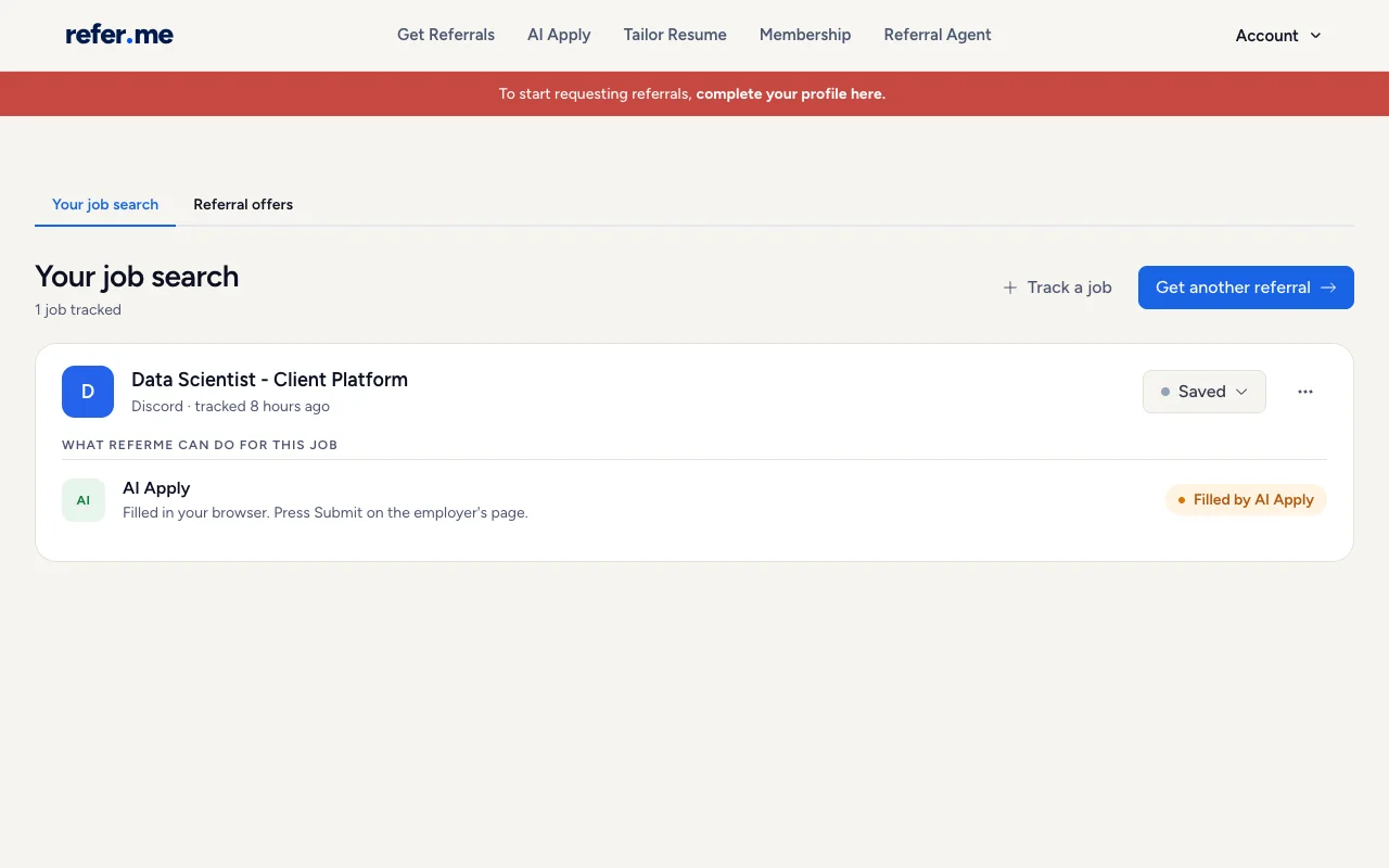The refer.me job board with the job marked "Filled by AI Apply"